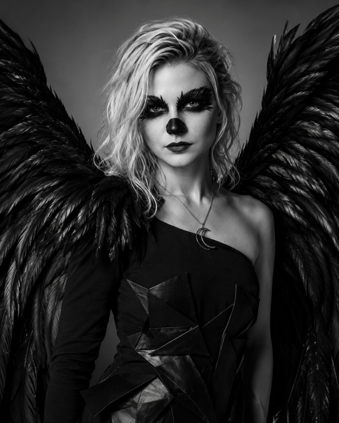 Black and white editorial portrait of Clarapetra with winged stage styling