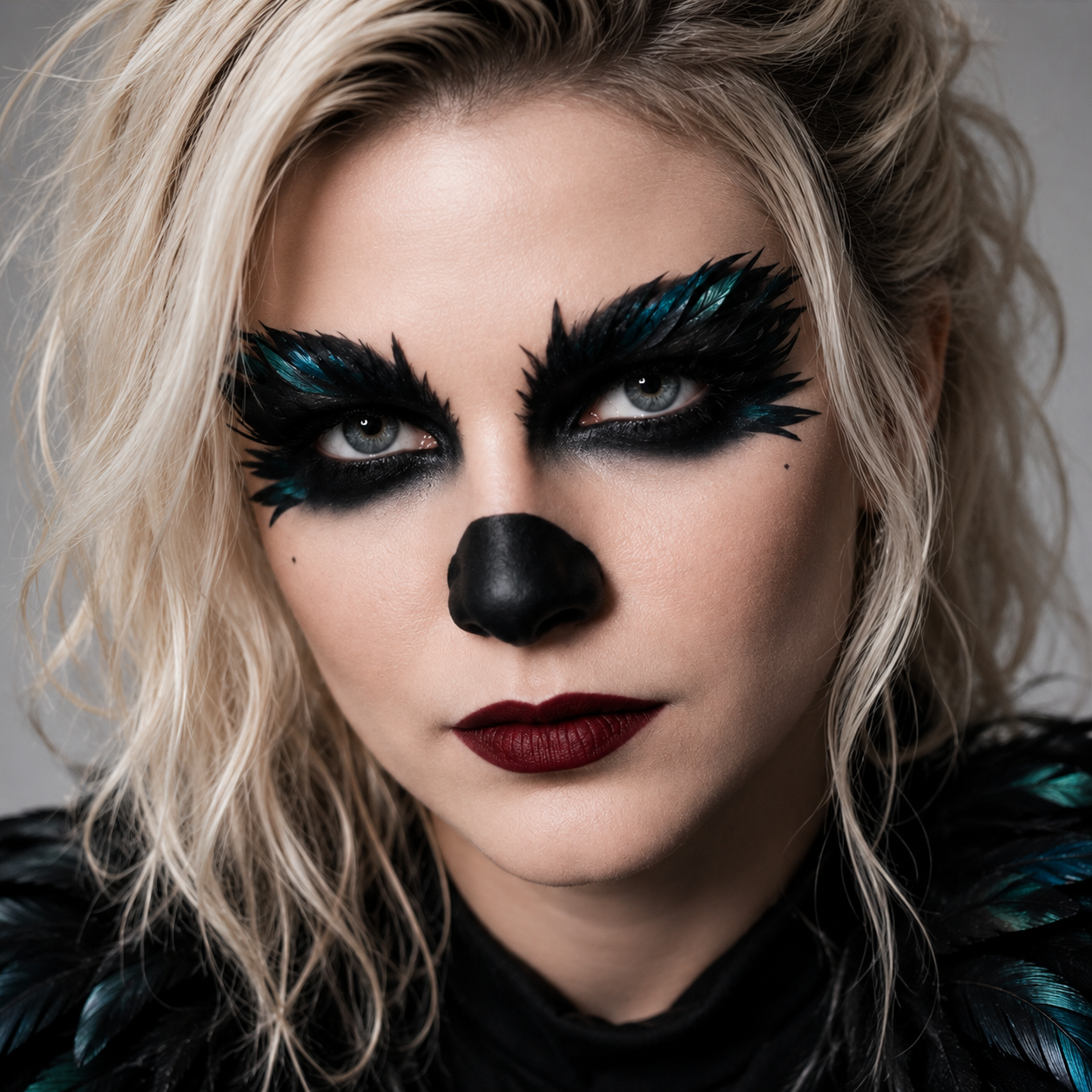 Clarapetra signature feather makeup detail in a square artist image