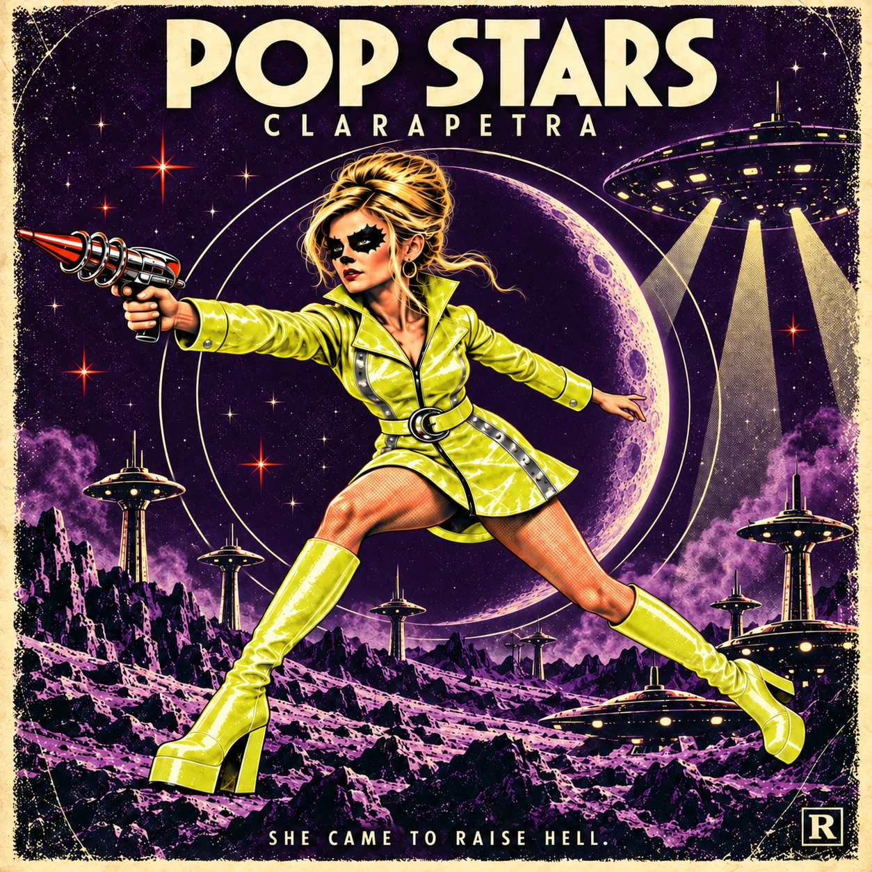 Pop Stars cover: Clarapetra in lime green beneath a violet moon, with the words Pop Stars, Clarapetra, and She Came to Raise Hell