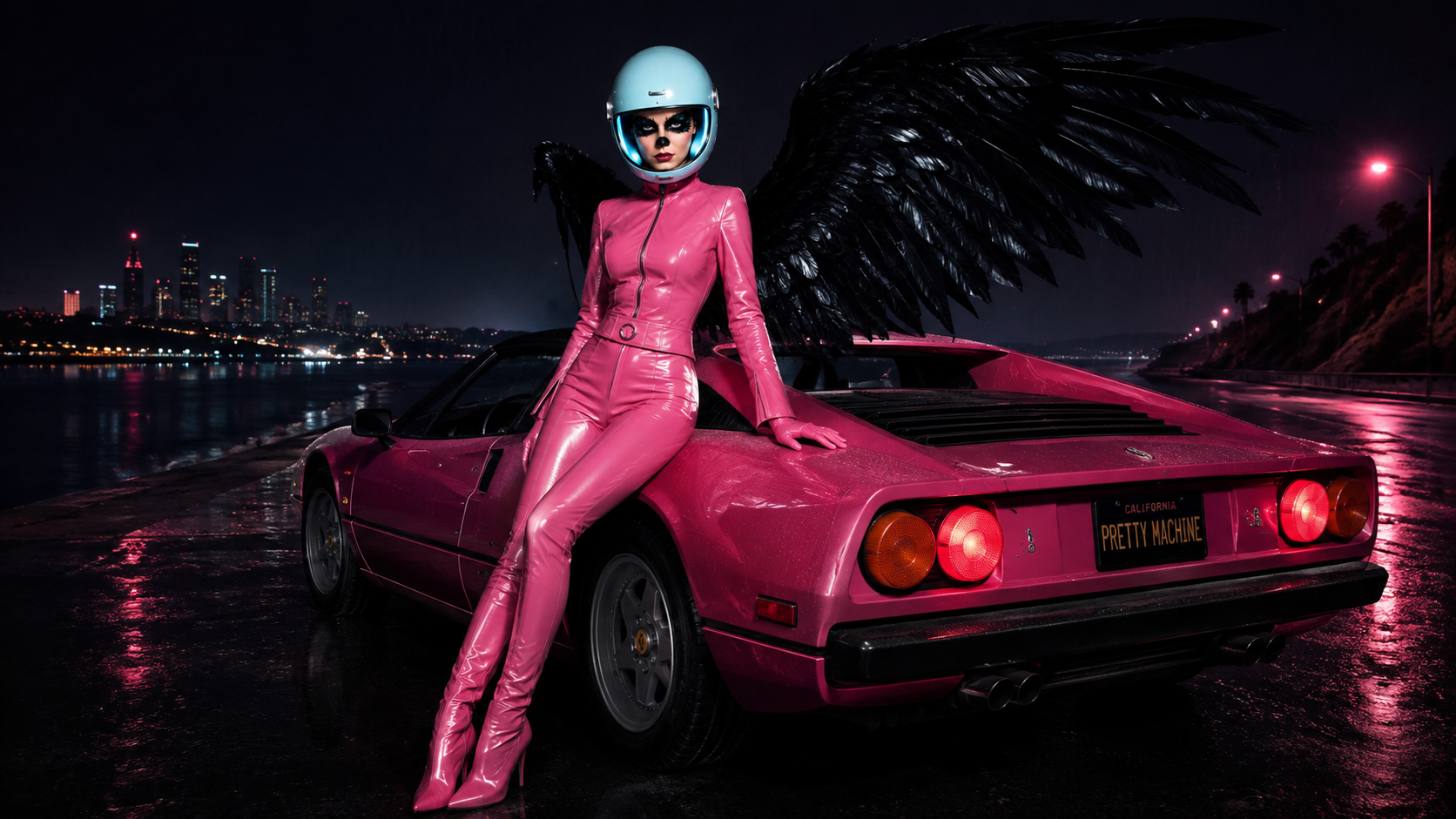 Clarapetra with black wings and a pink sports car on a neon night road