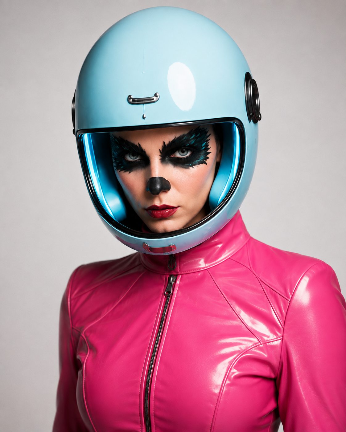Clarapetra in a cyan helmet, black feather eye makeup, and lacquer-pink flight suit