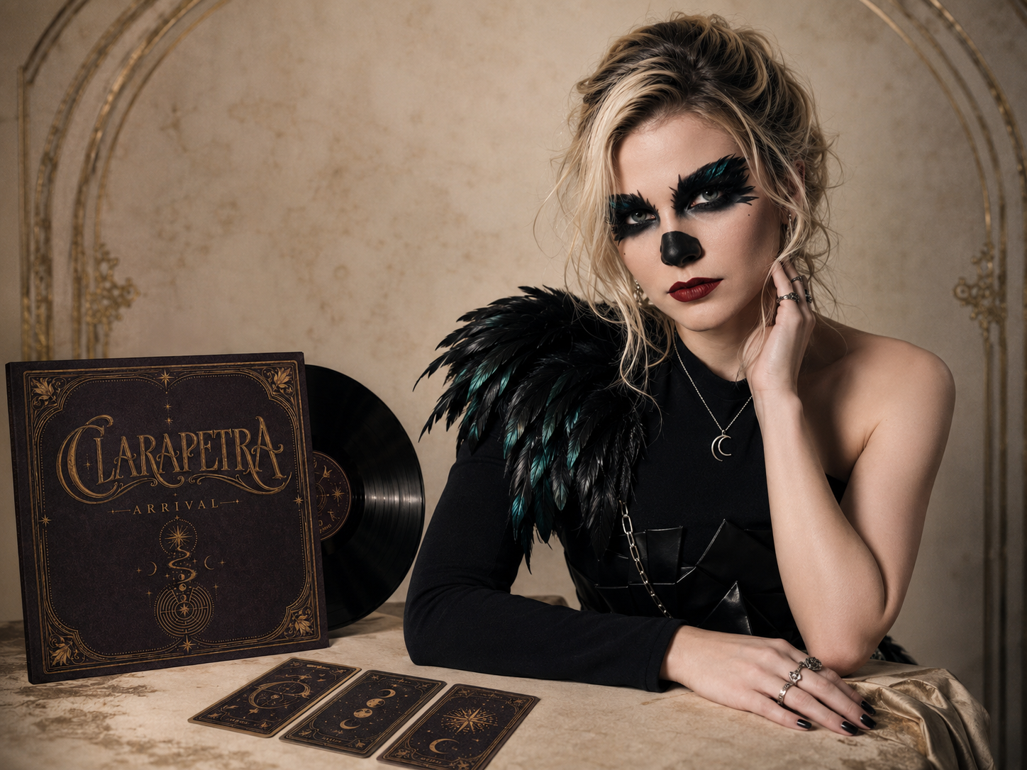 ARRIVAL campaign portrait with vinyl and tarot cards