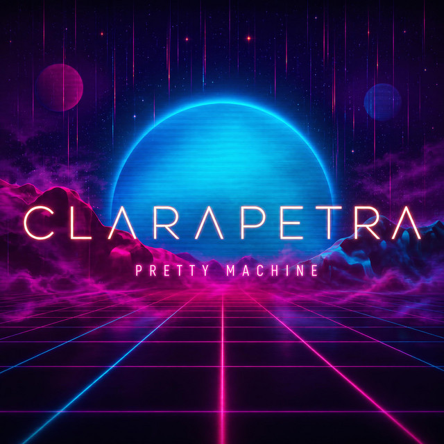Pretty Machine cover artwork by Clarapetra: a cyan moon above magenta clouds and a neon grid